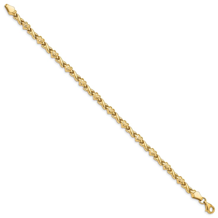 14K Yellow Gold Polished Diamond Cut Heart 7 Inch Bracelet
