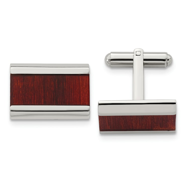 Stainless Steel Polished Red Koa Wood Inlay Rectangle Cufflinks