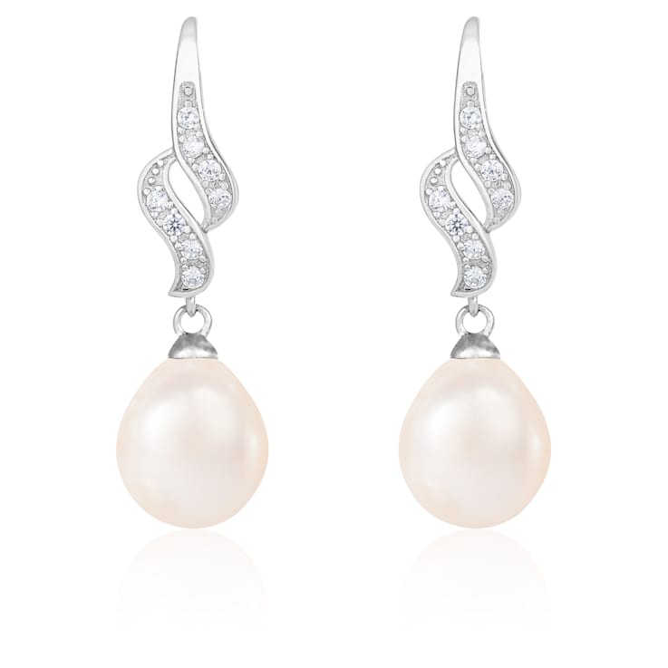 7-7½mm White Cultured Freshwater Pearl and Cubic Zirconia Rhodium Over
Sterling Silver Earrings