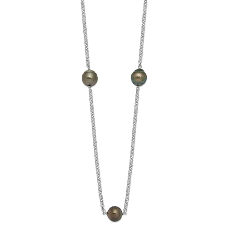 Rhodium Over Sterling Silver 8-9mm Baroque 5 Station Tahitian Saltwater
Cultured Pearl Necklace