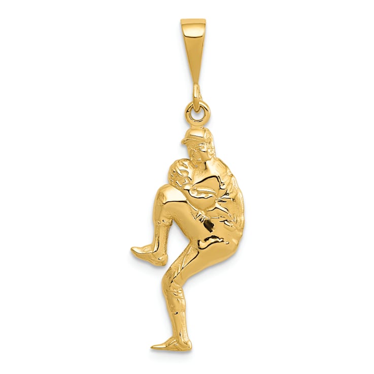 14k Yellow Gold 3D Polished and Textured Pitcher Baseball pendant