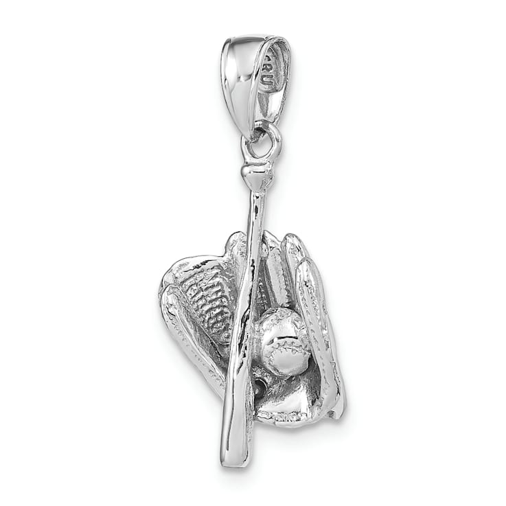 Rhodium Over 14k White Gold 3D Polished and Textured Glove/Bat/Baseball Pendant
