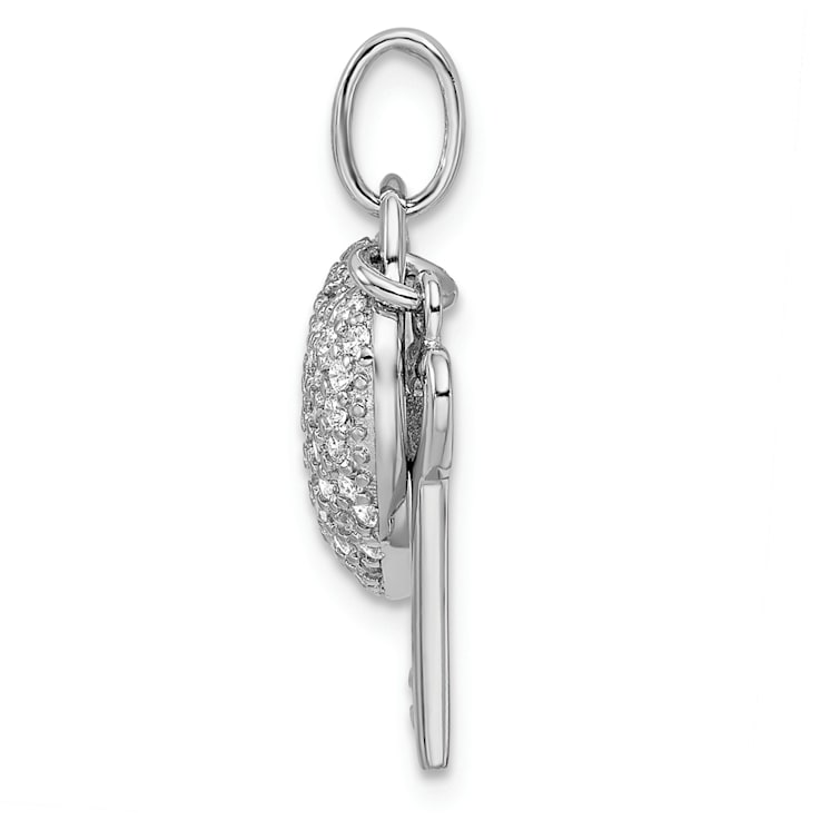 Rhodium Over Sterling Silver Cubic Zirconia Heart Lock and Key Pendant