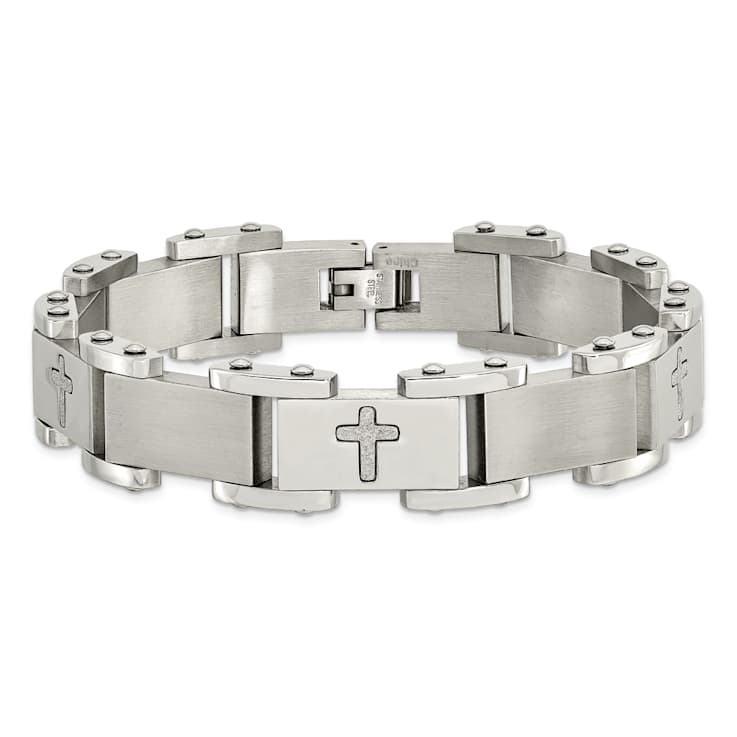 Stainless Steel Brushed Polished and Laser Cut Crosses Bracelet