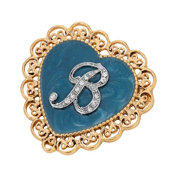 Gold Tone Filigree Heart Blue Enamel Initial Pin