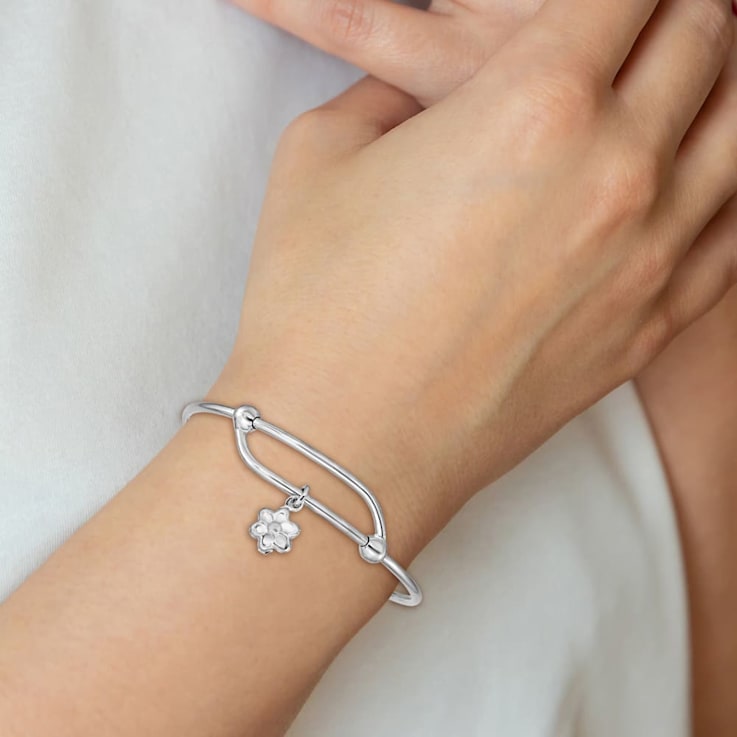 Rhodium Over Sterling Silver Flower Adjustable Baby Bangle
