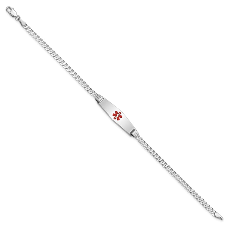 Rhodium Over 14k White Gold Medical Soft Diamond Shape Red Enamel Flat
Curb Link ID Bracelet