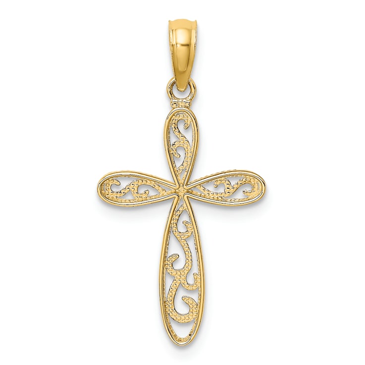 14k Yellow Gold and Rhodium Over 14k Yellow Gold Textured Filigree and
Milgrain Cross Pendant