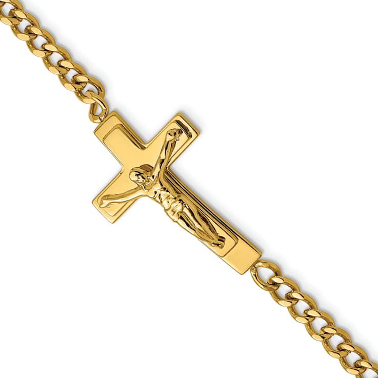 Stainless Steel Polished Yellow IP-plated Crucifix Bracelet