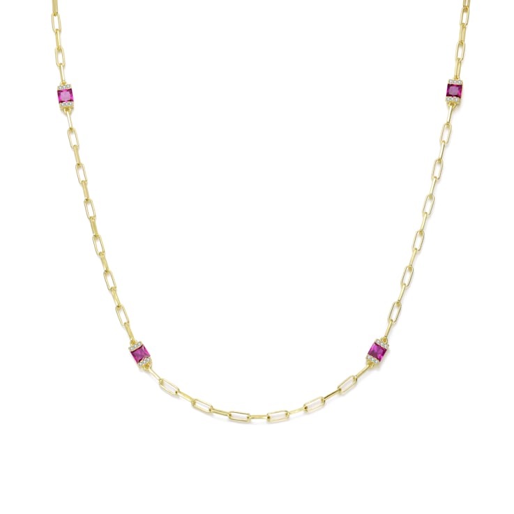 Ruby Color CZ Station Necklace In 14K Gold Over Brass