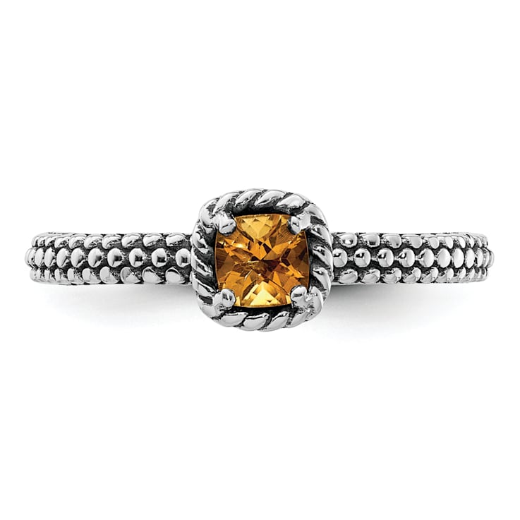 Sterling Silver Stackable Expressions Checker-cut Citrine Antiqued Ring 0.21ctw