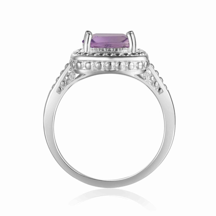 Square Cushion Amethyst Sterling Silver Solitaire with Beaded Halo Ring, 2.00ct