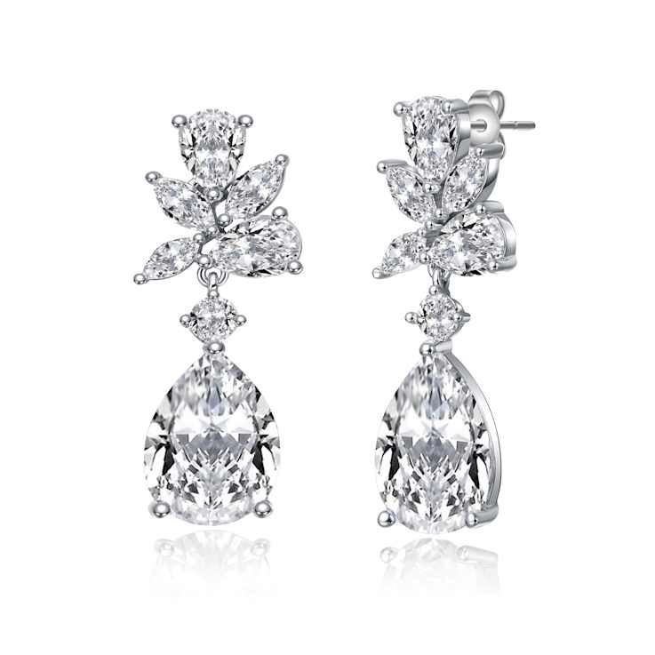Pear Shape CZ Cluster Drop Earrings In White Gold Over Brass