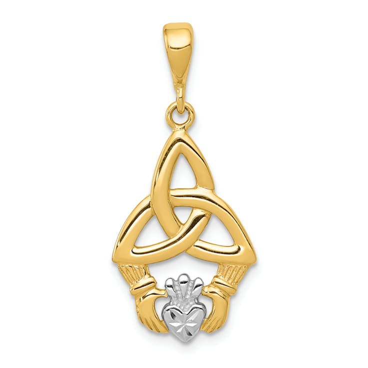 14K Yellow Gold with White Rhodium Diamond-Cut Claddagh Pendant