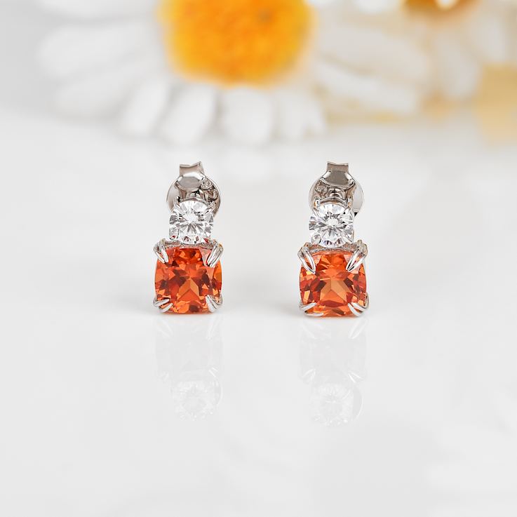 Peach Orange Lab Created Padparadscha Sapphire and Moissanite Rhodium
Over Sterling Silver Earrings