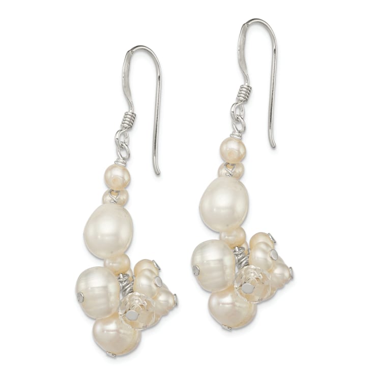 Sterling Silver Polished Crystal and Freshwater Cultured Pearl Cluster
Dangle Earrings