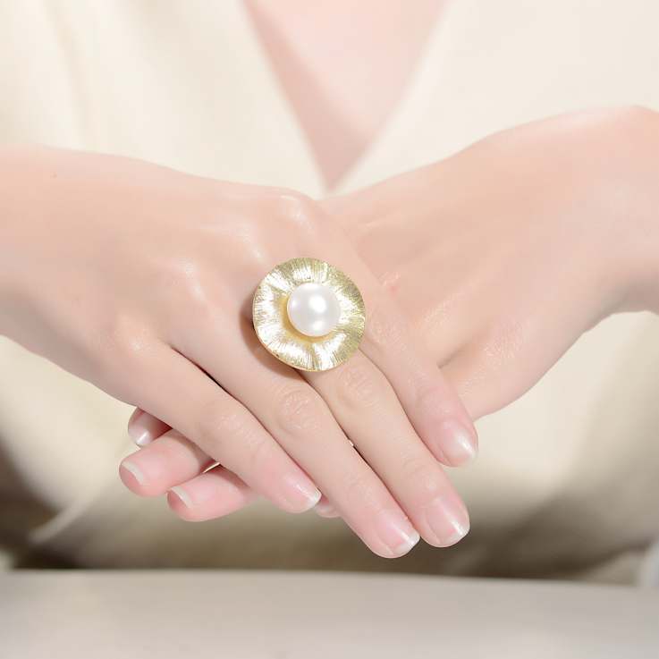Pear Shape Freshwater Pearl Floral Ring In 14K Gold Over Sterling Silver