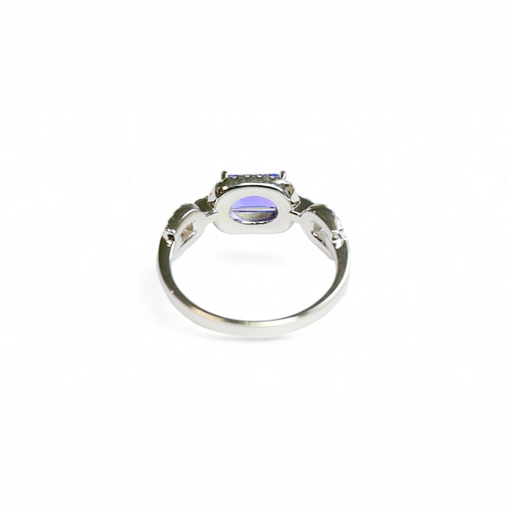 7x5mm Cushion Tanzanite and White CZ Rhodium Over Sterling Silver Ring, 0.86ctw