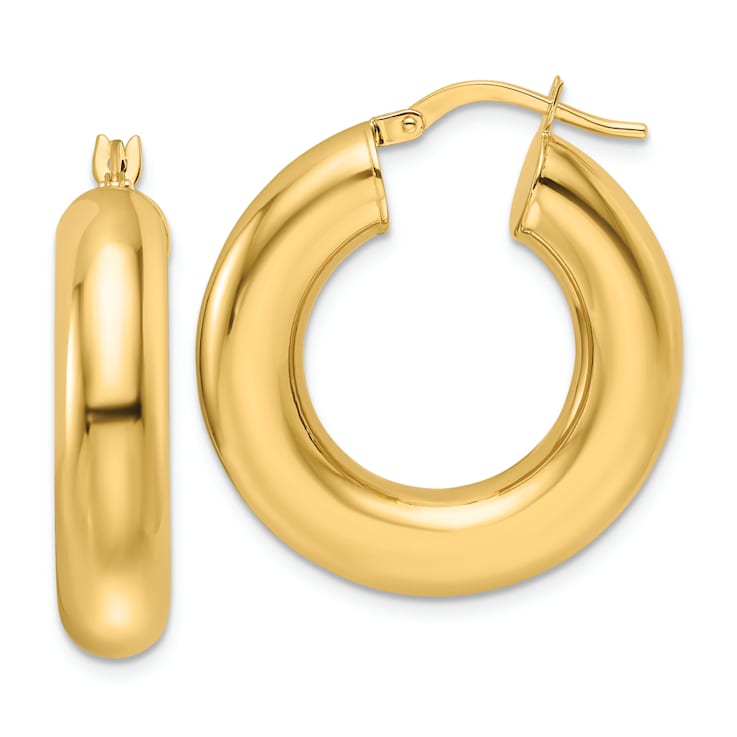 14k Yellow Gold Polished 1 1/16" Round Tube Hoop Earrings