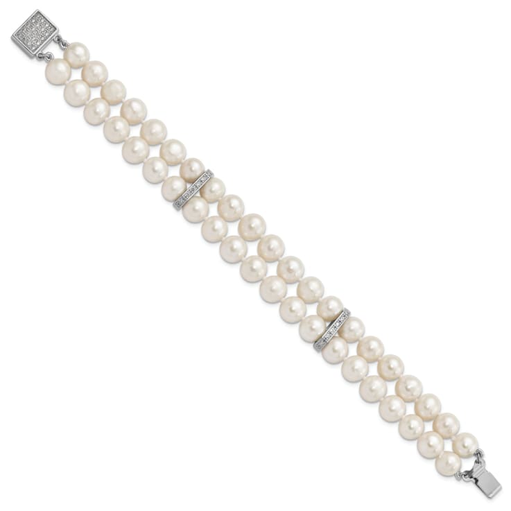 Rhodium Over Sterling Silver 7-8mm White Freshwater Cultured Pearl
2-Strand CZ Fancy Bracelet