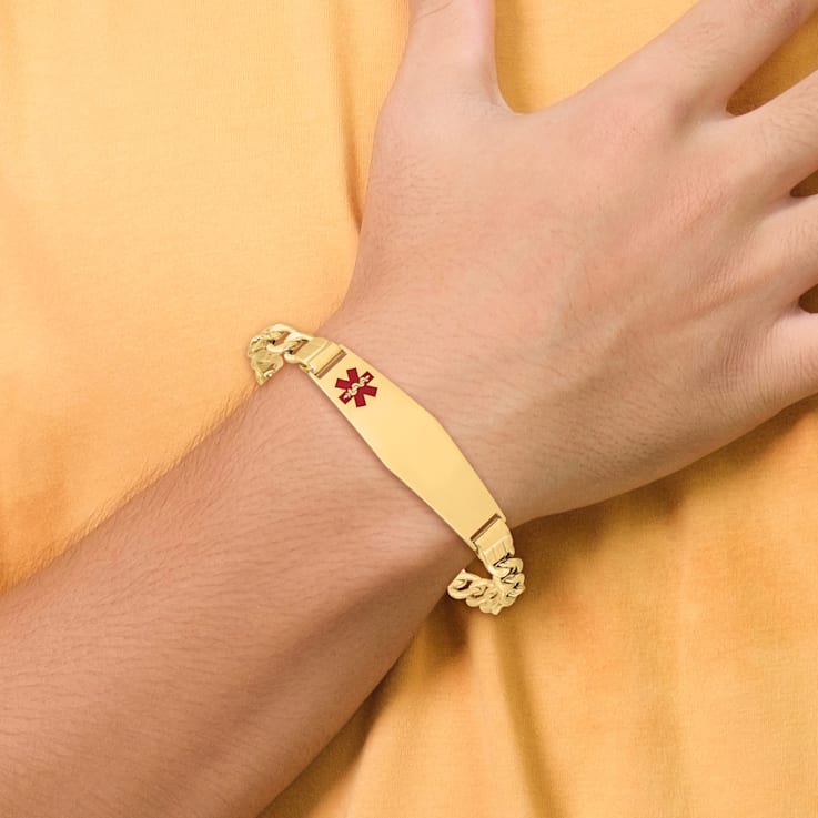 14k Yellow Gold Medical Soft Diamond Shape Red Enamel Figaro Link ID Bracelet