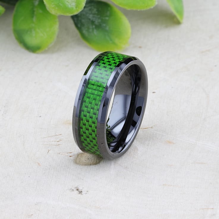 MATLAL Beveled Black Ceramic Ring with Emerald Green Carbon Fiber Inlay 8mm