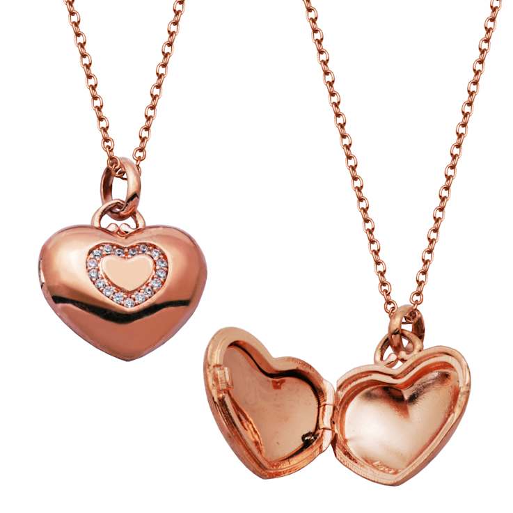 White Cubic Zirconia 14k Rose Gold Over Brass Heart Locket Pendant With
Chain 0.17ctw