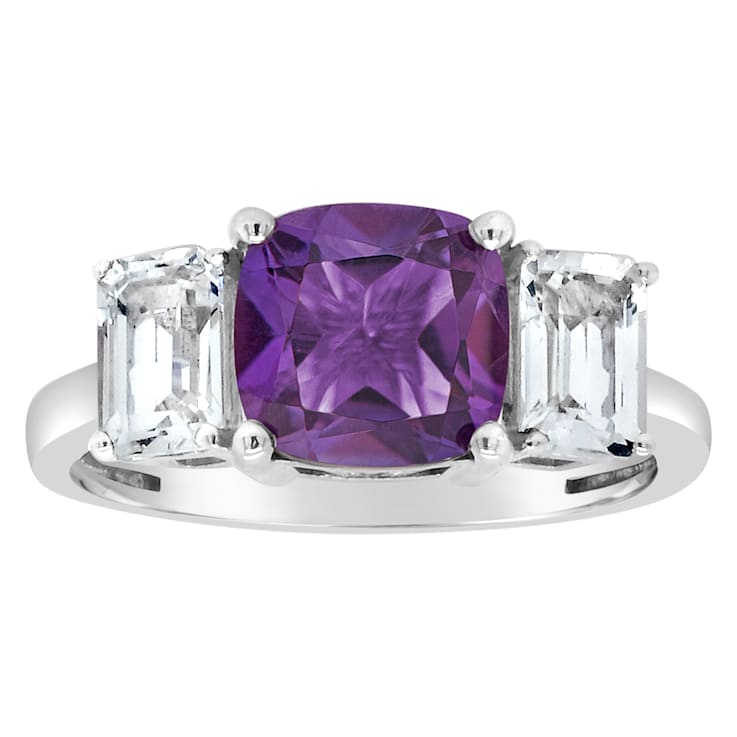 8mm Square Cushion Amethyst And White Topaz Rhodium Over Sterling Silver Ring