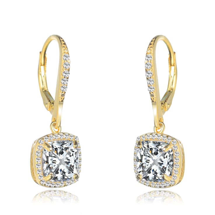Square CZ Halo Drop Earrings In 14K Gold Over Sterling Silver