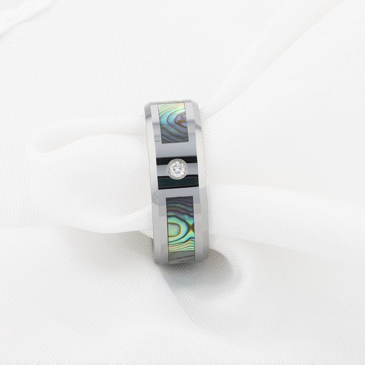 HONOLULU Mother of Pearl Inlay Tungsten Carbide Ring with Beveled Edges
and White Diamond 8mm