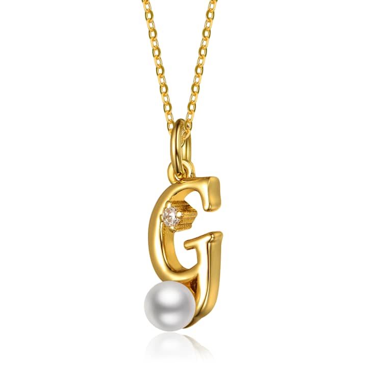 Initial G CZ And Pearl Simulant Pendant Necklace In 14K Gold Over Brass