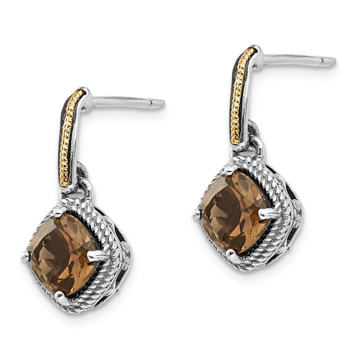 Sterling Silver with 14K Accent Antiqued Smoky Quartz Post Dangle Earrings