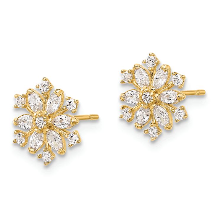 14k Yellow Gold Polished Cubic Zirconia 8.8mm Snowflake Stud Earrings