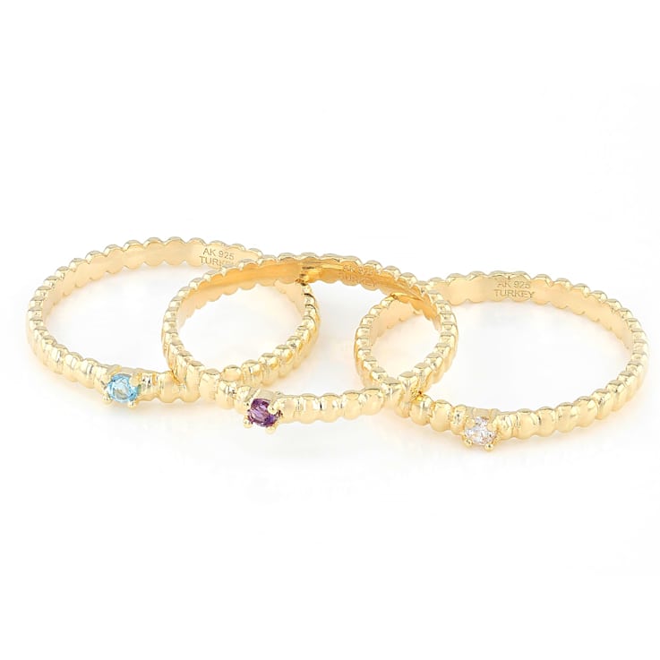 Stackable Ring Set With Topaz, Amethyst And CZ In 18K Gold Over Sterling Silver