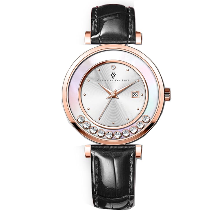 Christian Van Sant Women's Bria White Dial, Black Leather Strap Watch