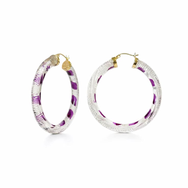 14K Yellow Gold Over Sterling Silver Painted Hoops in Purple Stripe
