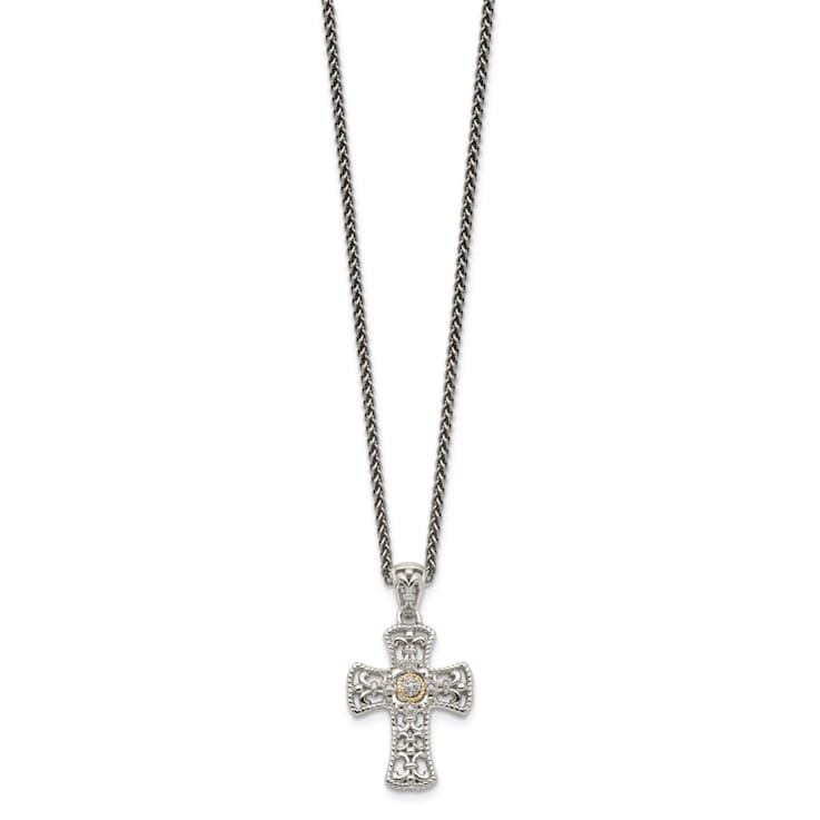 Sterling Silver Antiqued with 14K Accent Diamond Cross Necklace