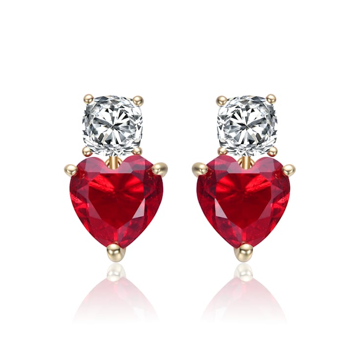 Ruby Color CZ Two-Heart Drop Earrings In 14K Gold Over Sterling Silver