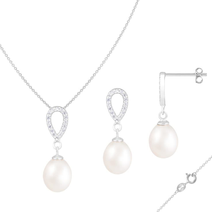 8-9mm Drop White Freshwater Pearl and CZ Rhodium Over Sterling Earring
and Pendant W/Chain Set