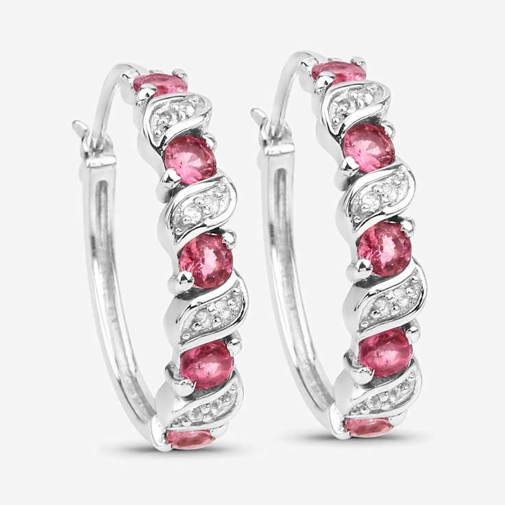 Pink Tourmaline and White Topaz Sterling Silver Hoop Earrings