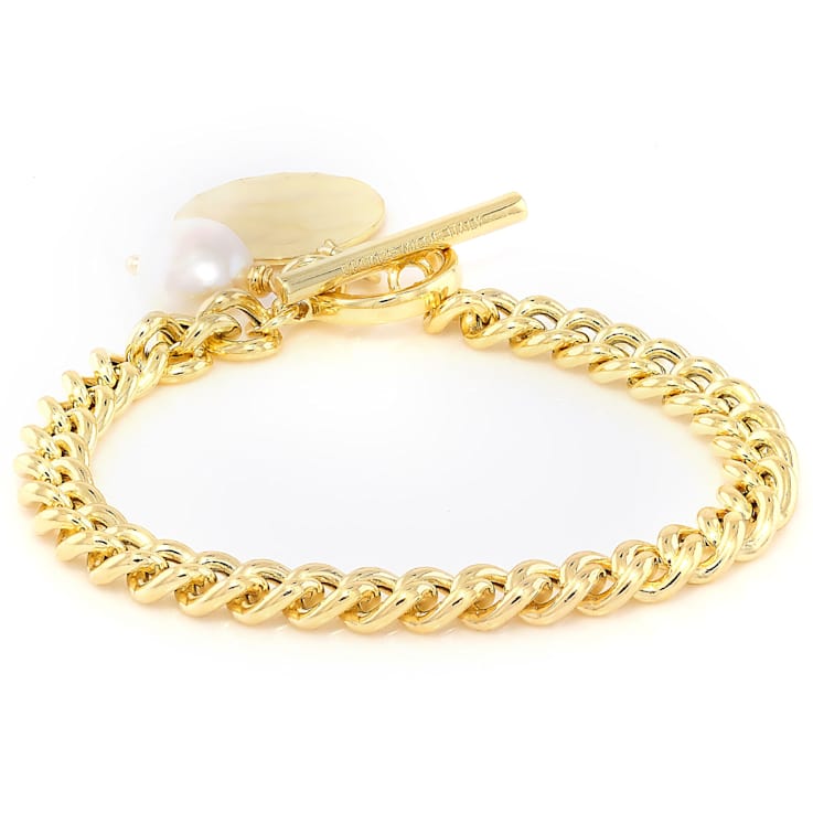 Cultured Freshwater Pearl Toggle Bracelet In 18K Gold Over Bronze 9.5mm