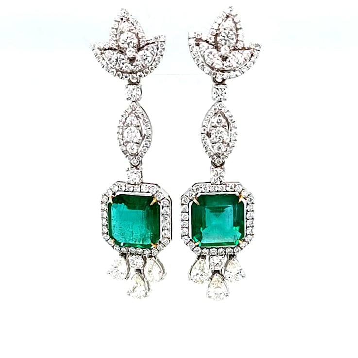 6.25 Ctw Emerald and 3.85 Ctw White Diamond Earring in 18K WG