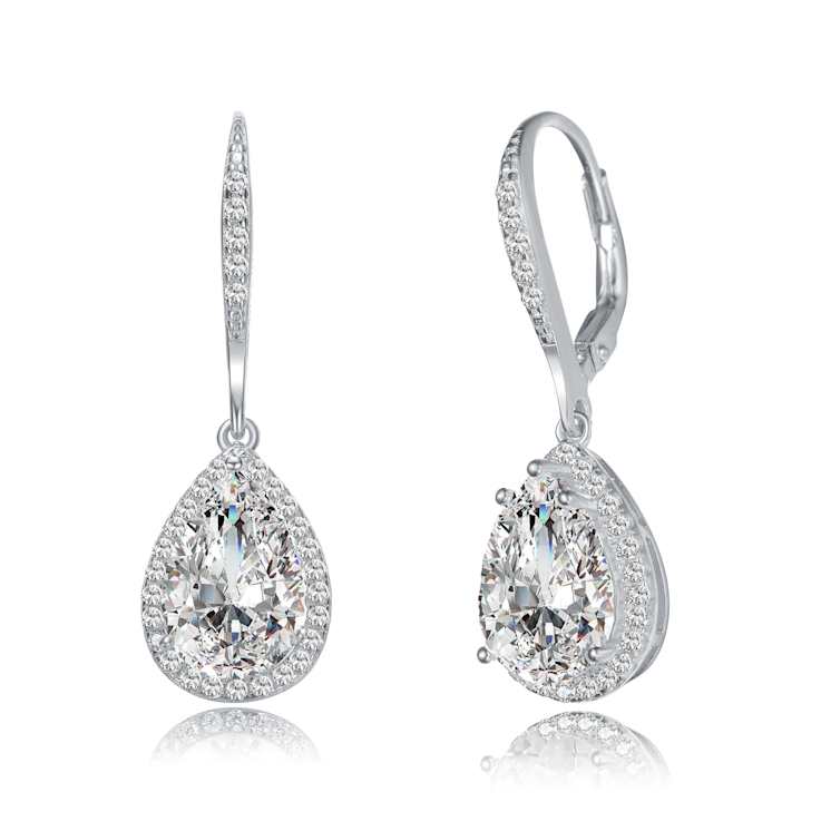 Pear Shape CZ Halo Drop Earrings In Sterling Silver
