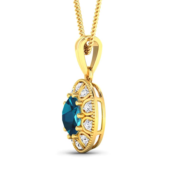 2.05ctw 14K Yellow Gold Blue London Blue Topaz and White Diamond Pendant
with 18 inch Cable Chain