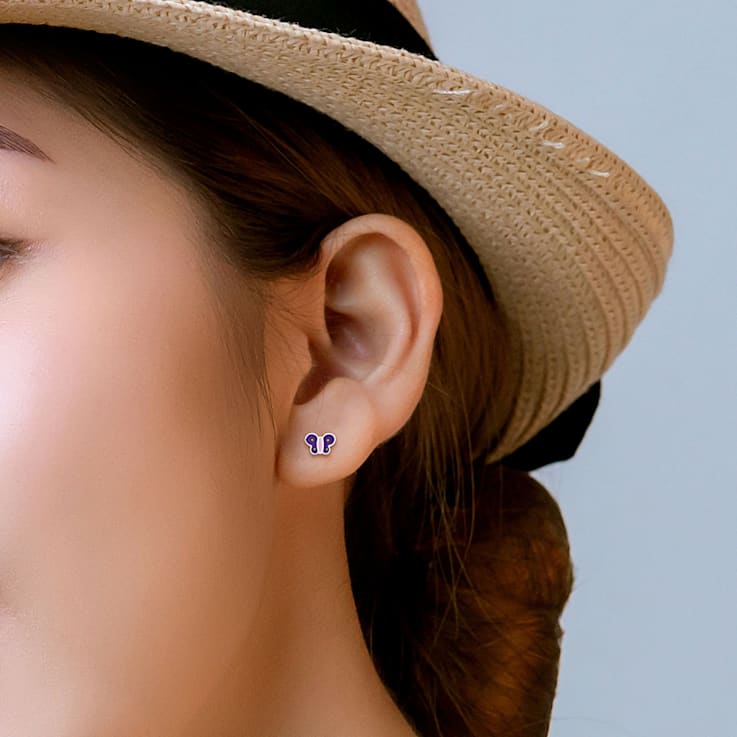 Children's Purple and Pink Enamel Butterfly Stud Earrings in Sterling Silver