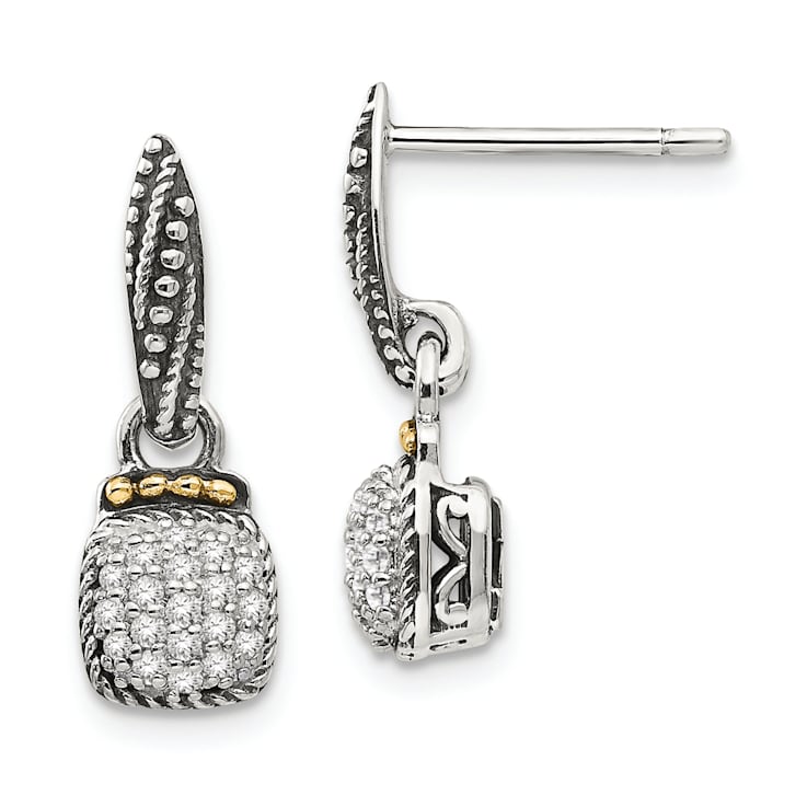 Sterling Silver Antiqued with 14K Accent Diamond Dangle Post Earrings