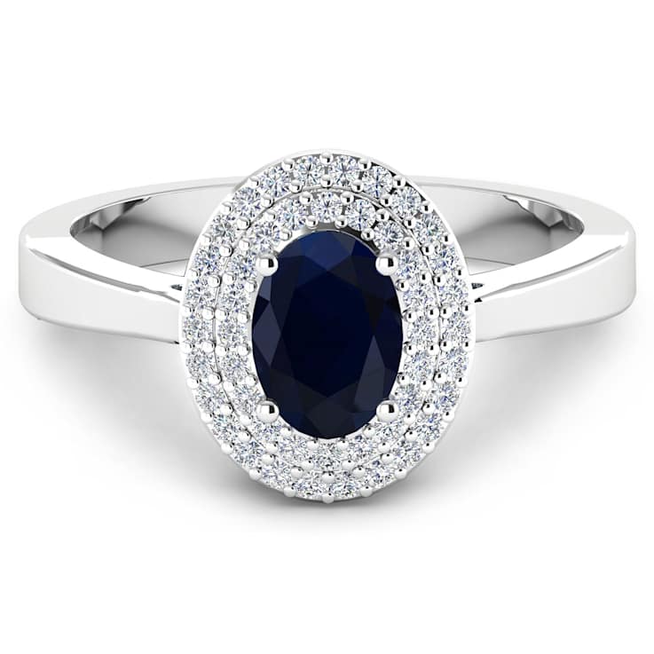 1.06ctw Blue Sapphire and Diamond 14K White Gold Halo Ring