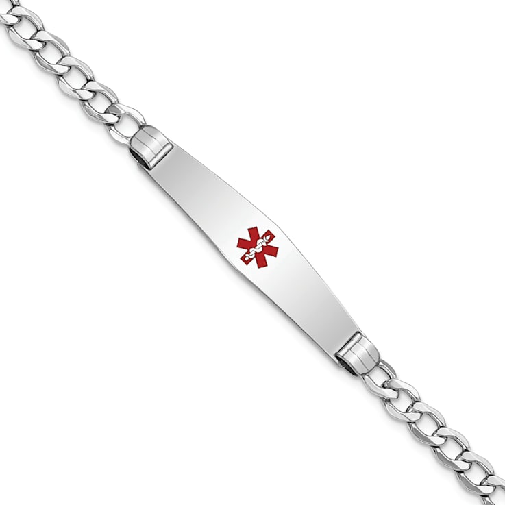 Rhodium Over 14k White Gold Medical Soft Diamond Shape Red Enamel Curb
Link ID Bracelet