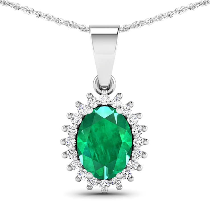 1.10ctw 14K White Gold Zambian Emerald and White Diamond Pendant with 18
inch Cable Chain