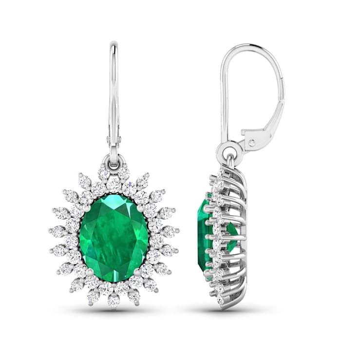 3.06ctw 14K White Gold  Zambian Green Emerald and White Diamond Halo Earrings